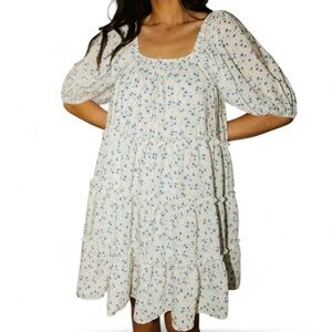 White & Blue Floral Tiered Oversized Mini Dress